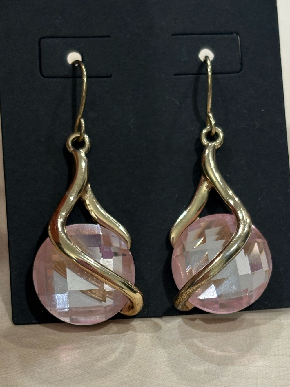 Pink stone earrings with gold detail drop earrings New on card Unbranded